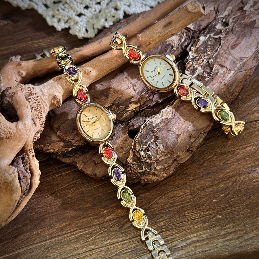 Retro Oval Quartz Watch with Multicolored Crystal Bracelet