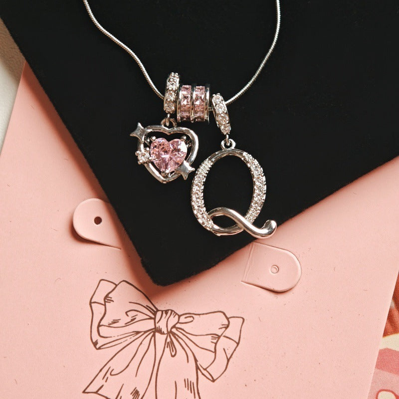 Initial & Pink Crystal Necklace - Silver