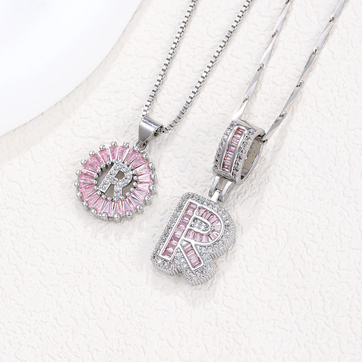 2-Pack Pink CZ Initial Necklaces