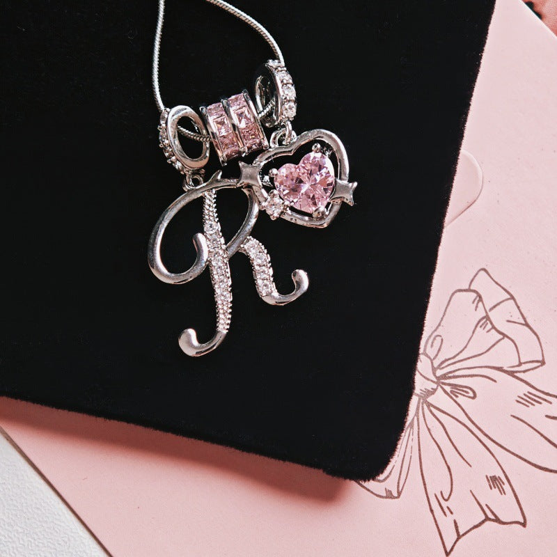 Initial & Pink Crystal Necklace - Silver