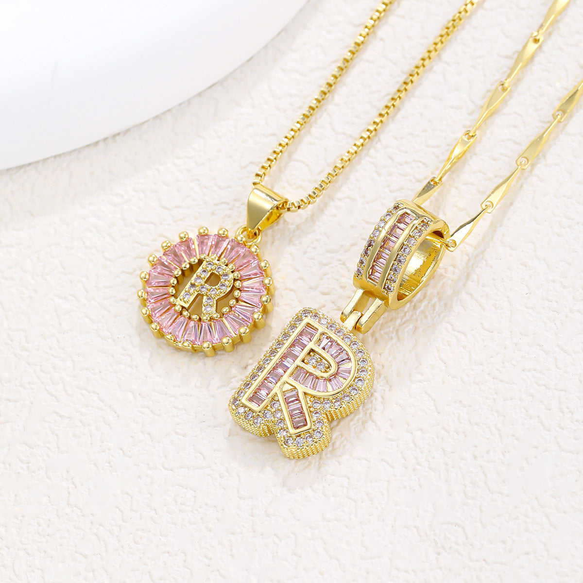 2-Pack Pink CZ Initial Necklaces