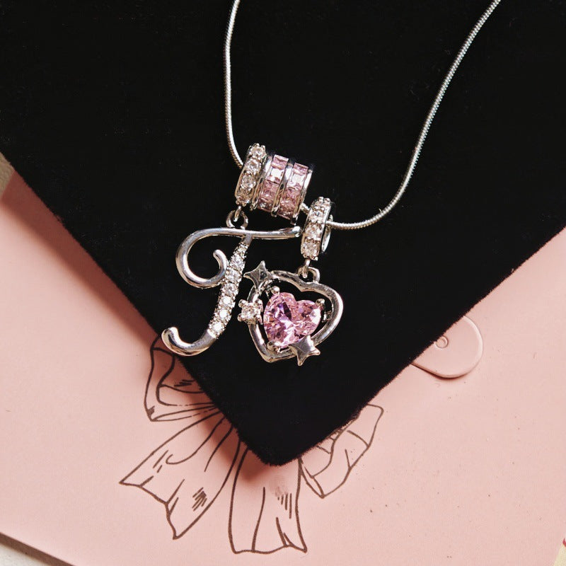 Initial & Pink Crystal Necklace - Silver