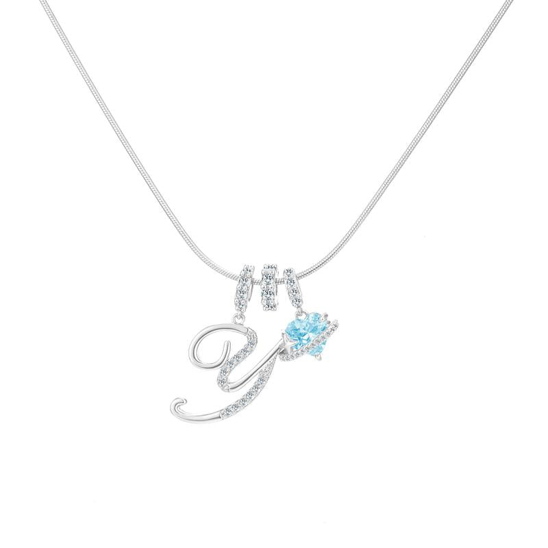 Personalized Initial & Heart Crystal Necklace - Silver