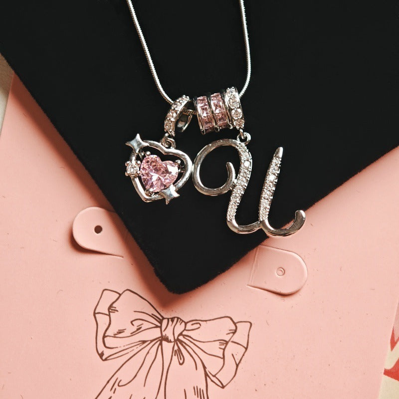 Initial & Pink Crystal Necklace - Silver