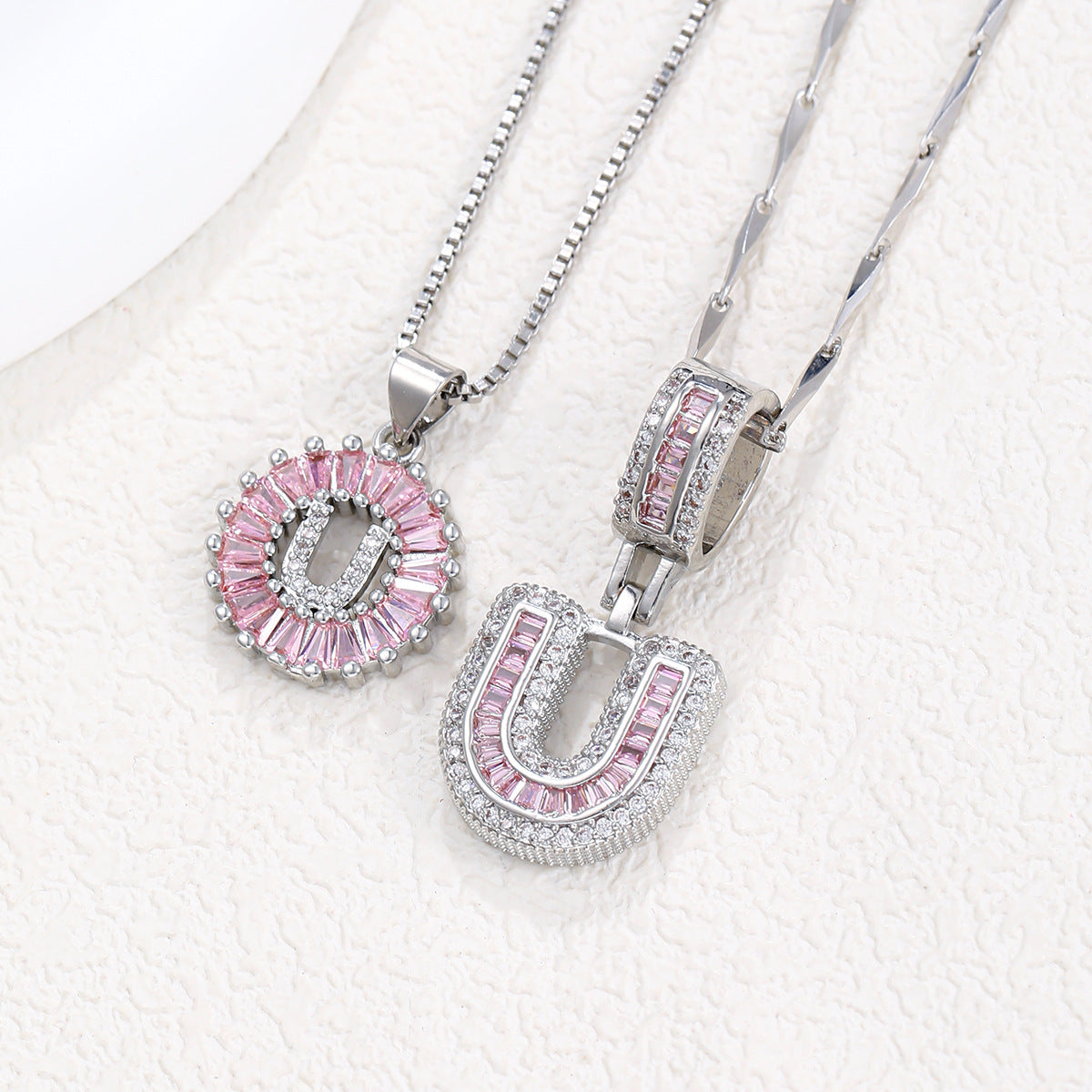 2-Pack Pink CZ Initial Necklaces