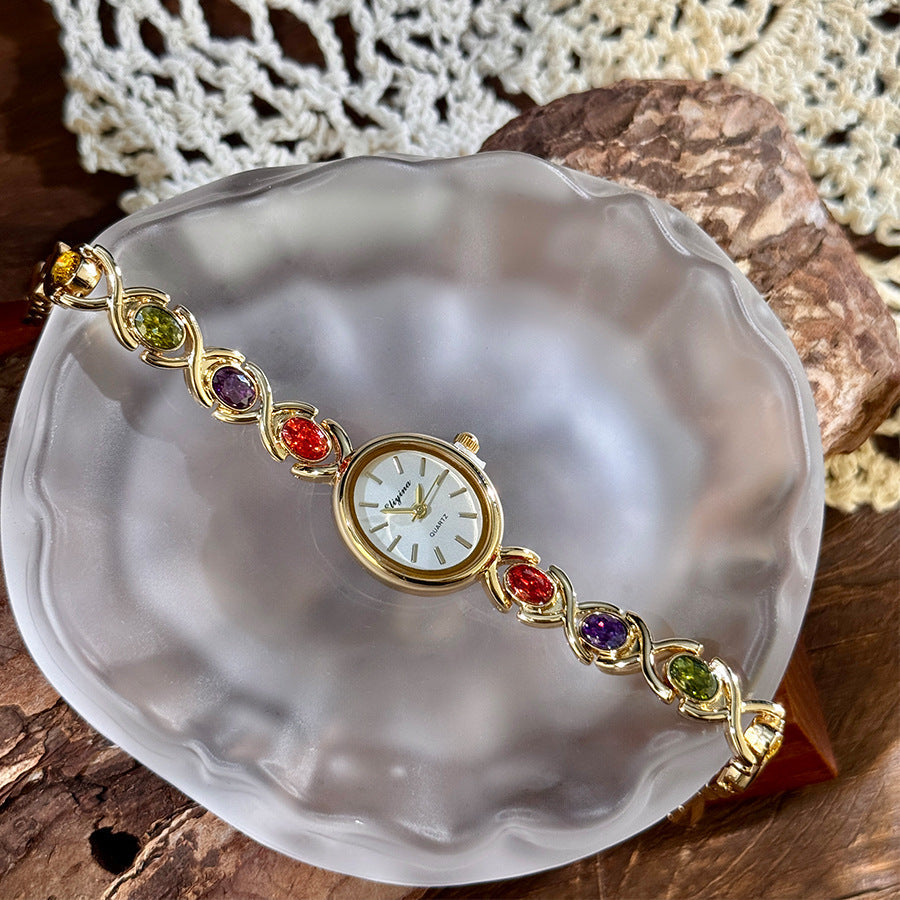 Retro Oval Quartz Watch with Multicolored Crystal Bracelet