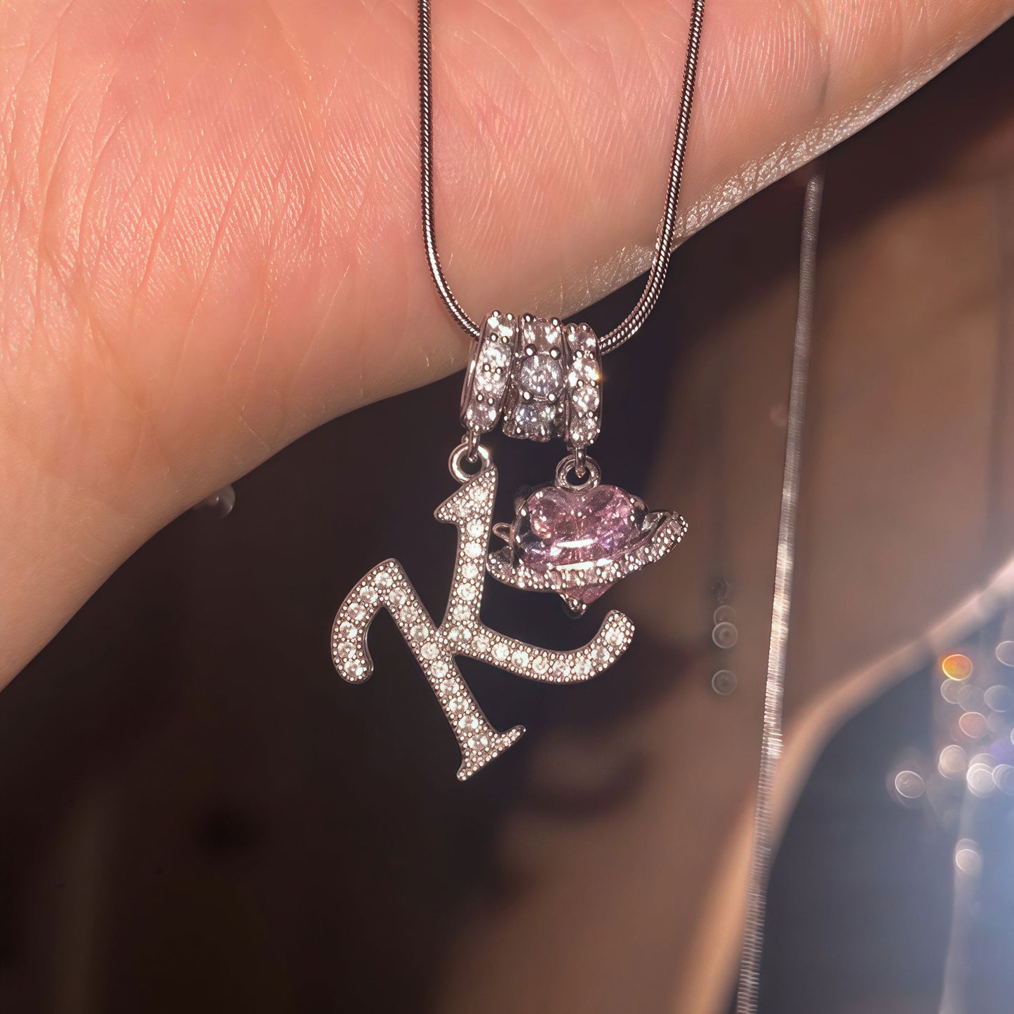 Shimmering Initial & Pink Heart Pendant Necklace