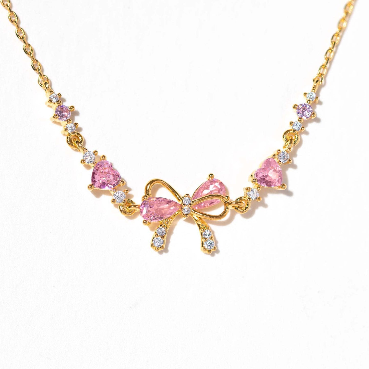 Dainty Pink Bow Crystal Necklace