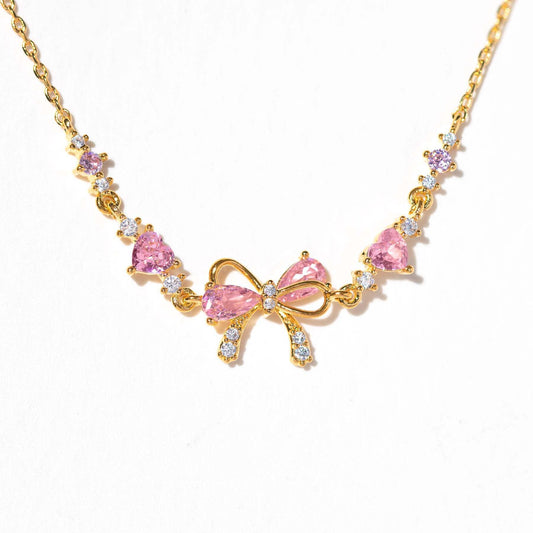 Dainty Pink Bow Crystal Necklace