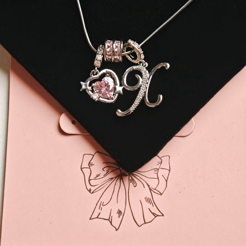 Initial & Pink Crystal Necklace - Silver