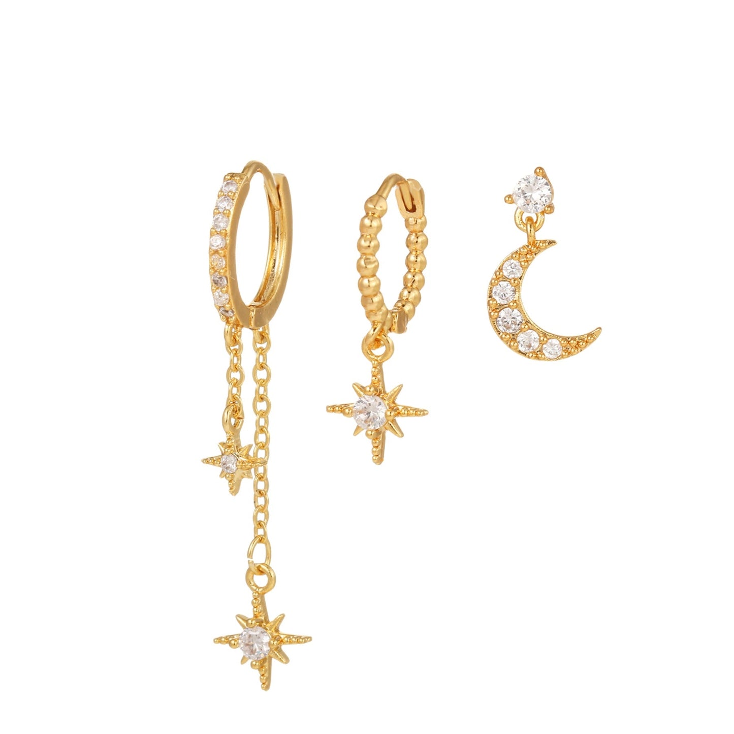 Stackable Hexagram and Moon Earrings Set