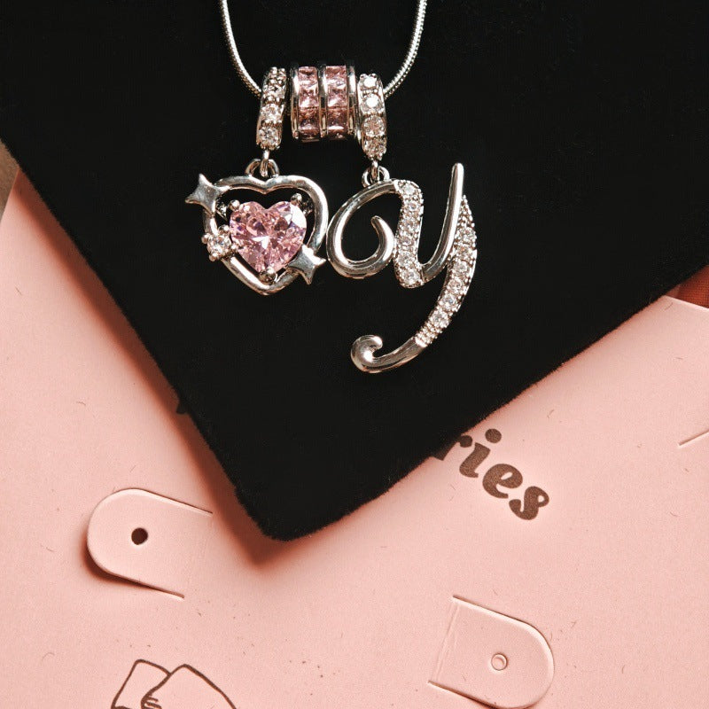 Initial & Pink Crystal Necklace - Silver