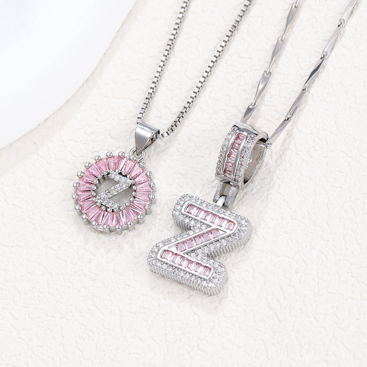 2-Pack Pink CZ Initial Necklaces