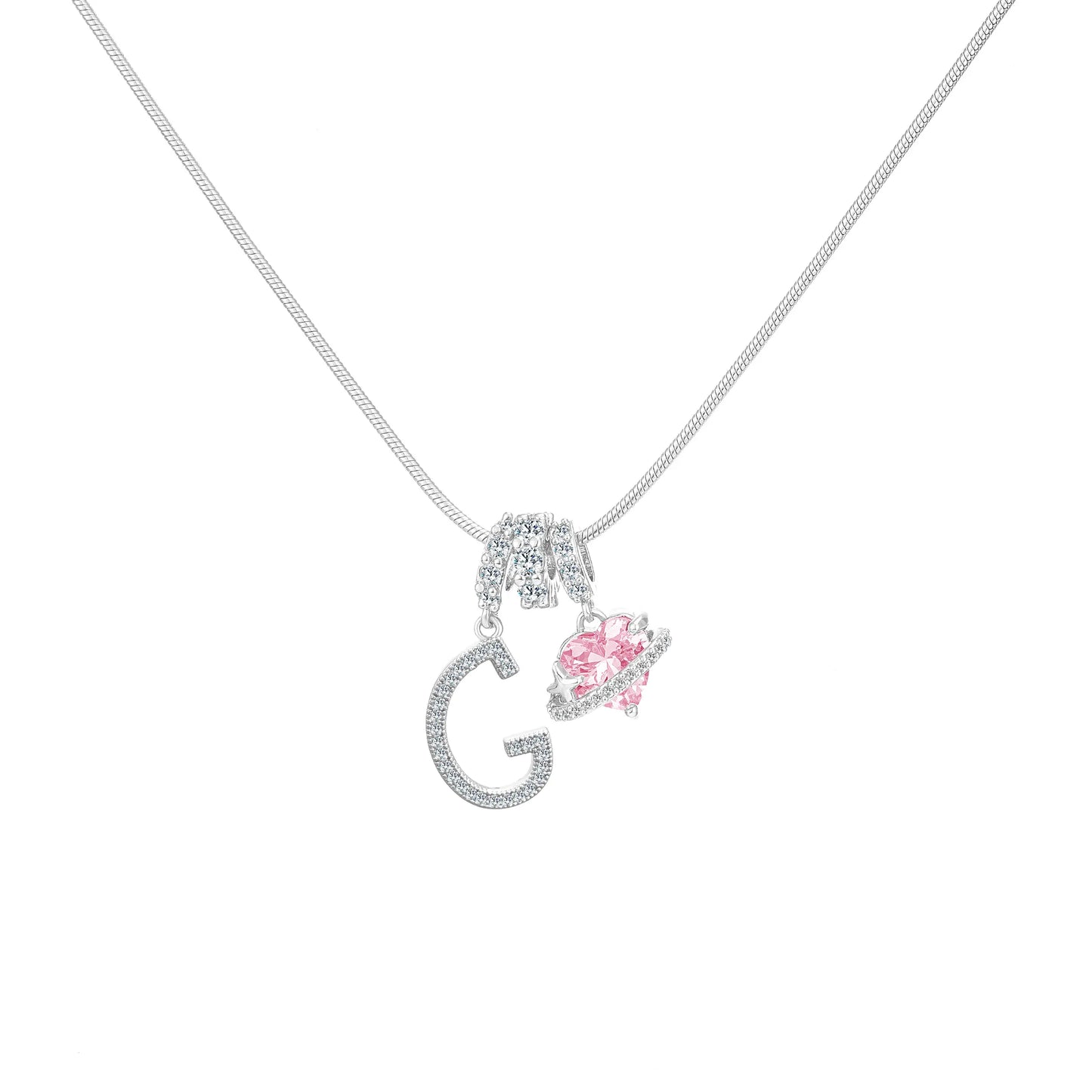 Shimmering Initial & Pink Heart Pendant Necklace