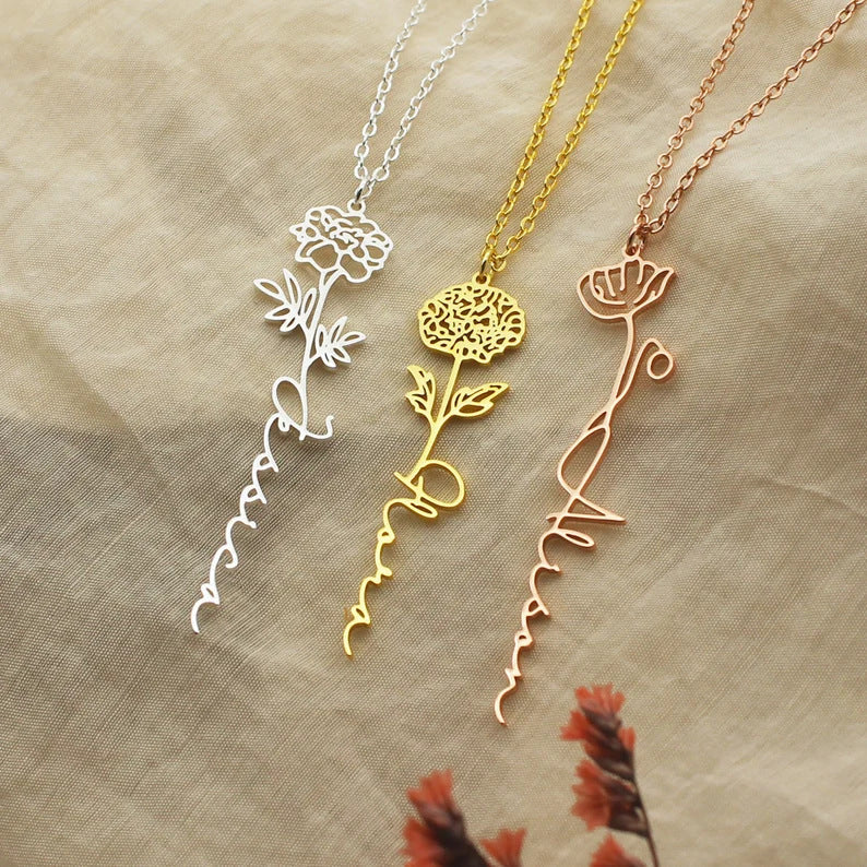 Personalized Birth Flower Name Necklace