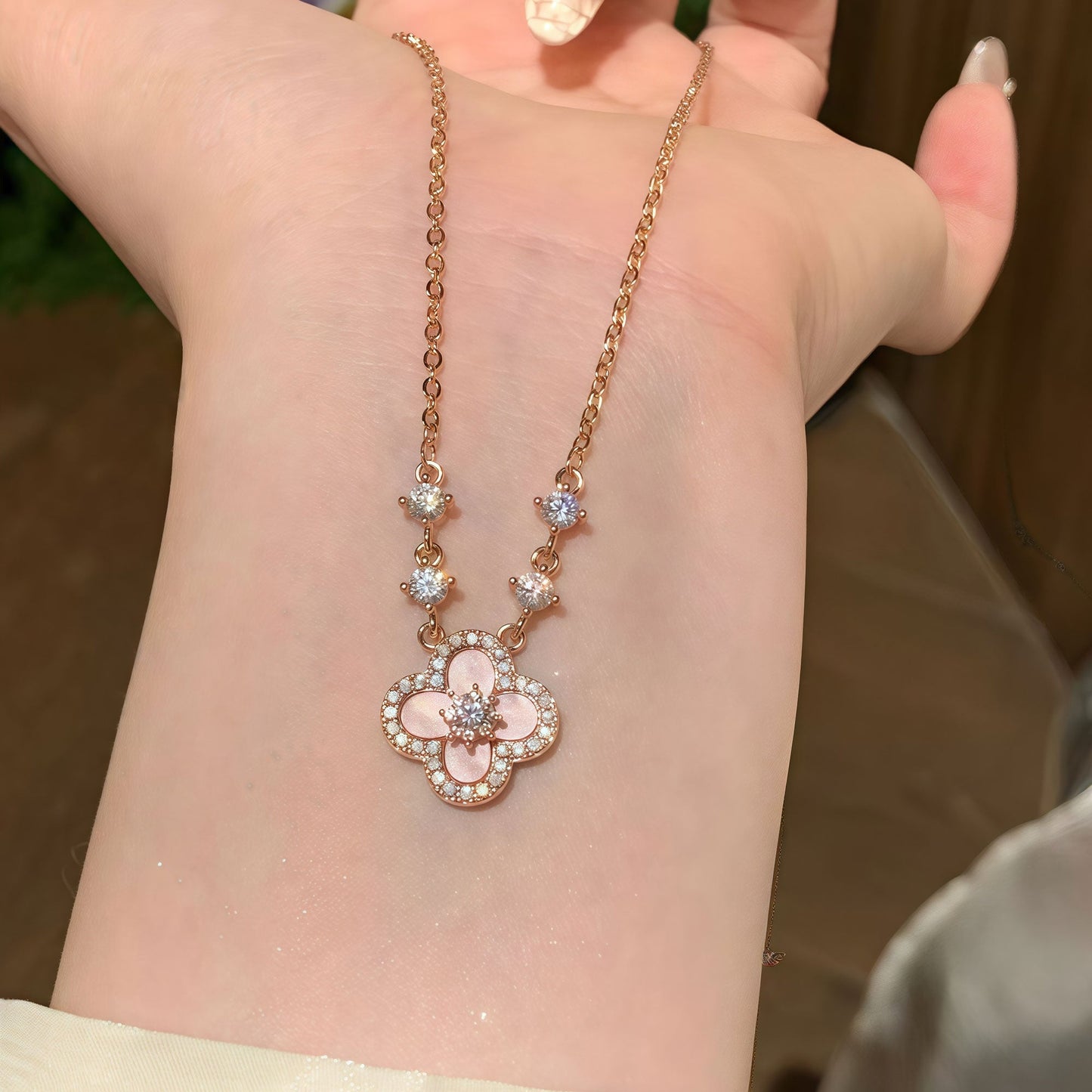 Dainty Pink Clover Lucky Jewelry Set