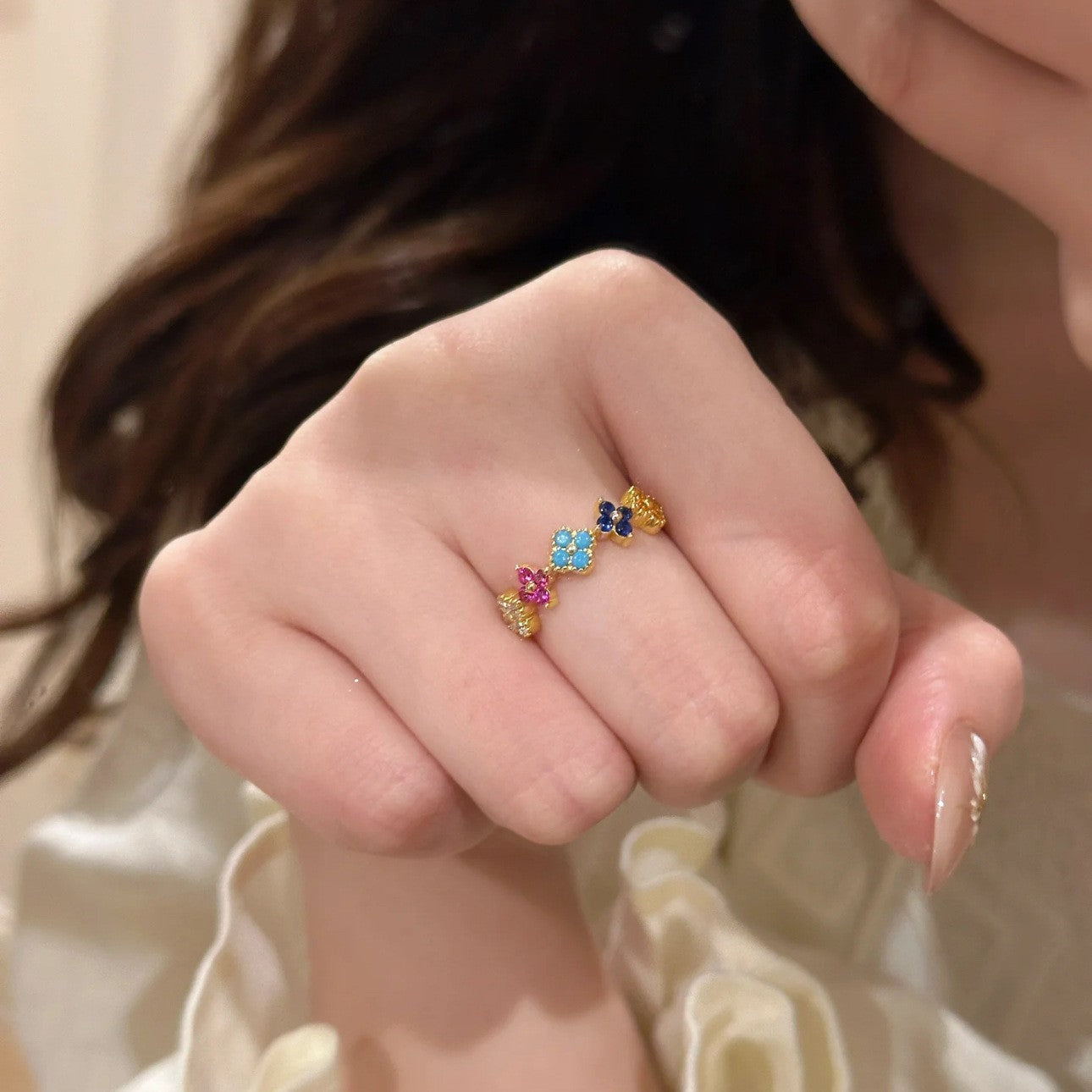 Dainty Multicolor Blossom  Necklace Bracelet Ring Earrings Jewelry Set
