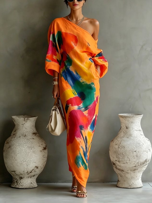 Lucrezia | Abito lungo monospalla con stampa pittorica multicolor