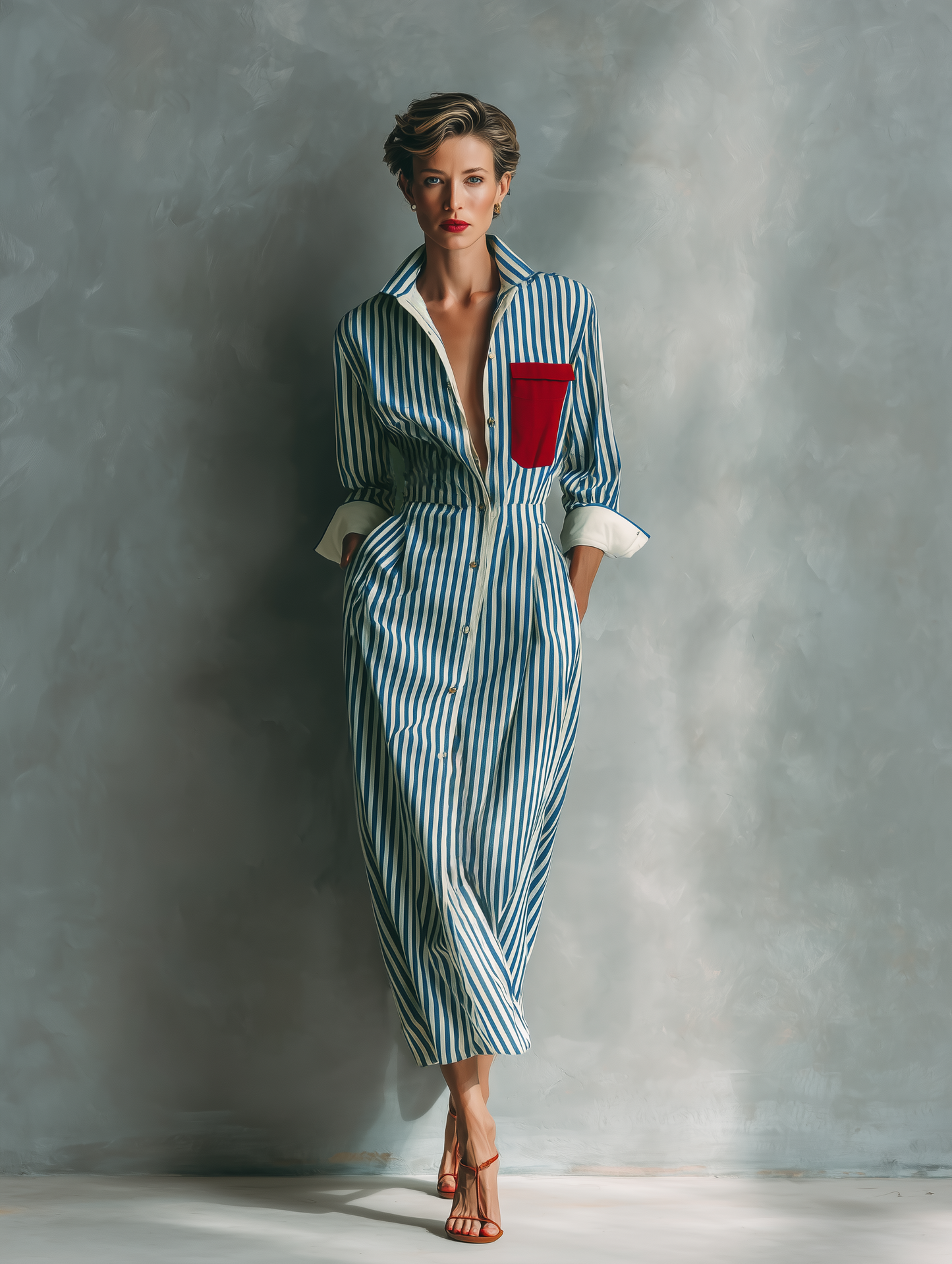 Celeste | Vestito camicia a righe con taschino rosso sul petto