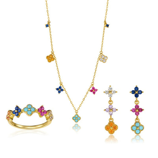 Dainty Multicolor Blossom  Necklace Bracelet Ring Earrings Jewelry Set