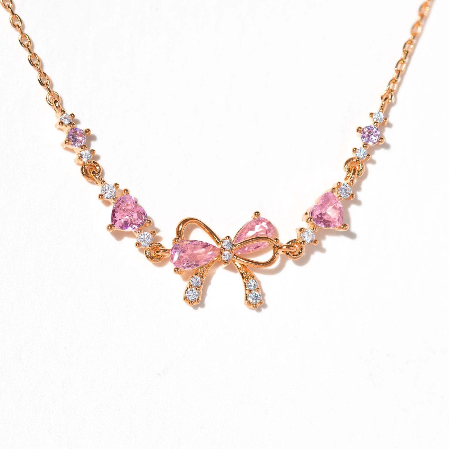 Dainty Pink Bow Crystal Necklace