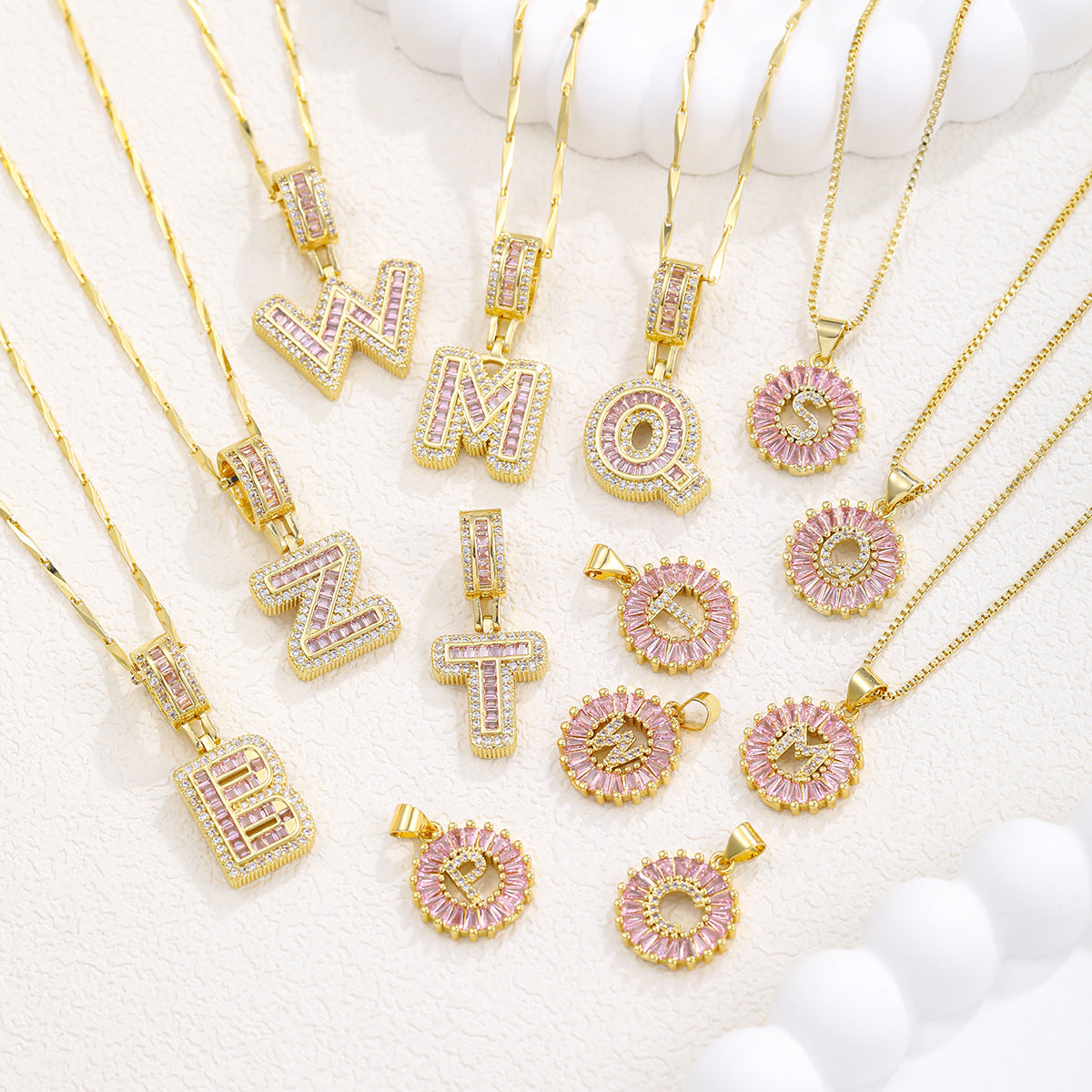 2-Pack Pink CZ Initial Necklaces