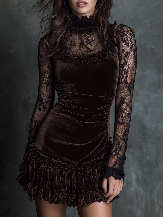 Vestito mini plissettato gotico in velluto al cioccolato con pizzo
