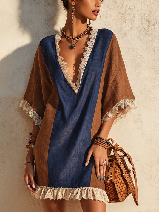 Minidress blu navy e caramello con scollo a V e bordi romantici