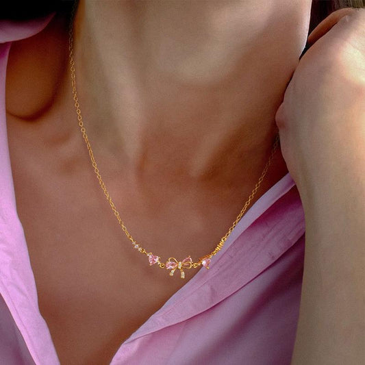 Dainty Pink Bow Crystal Necklace