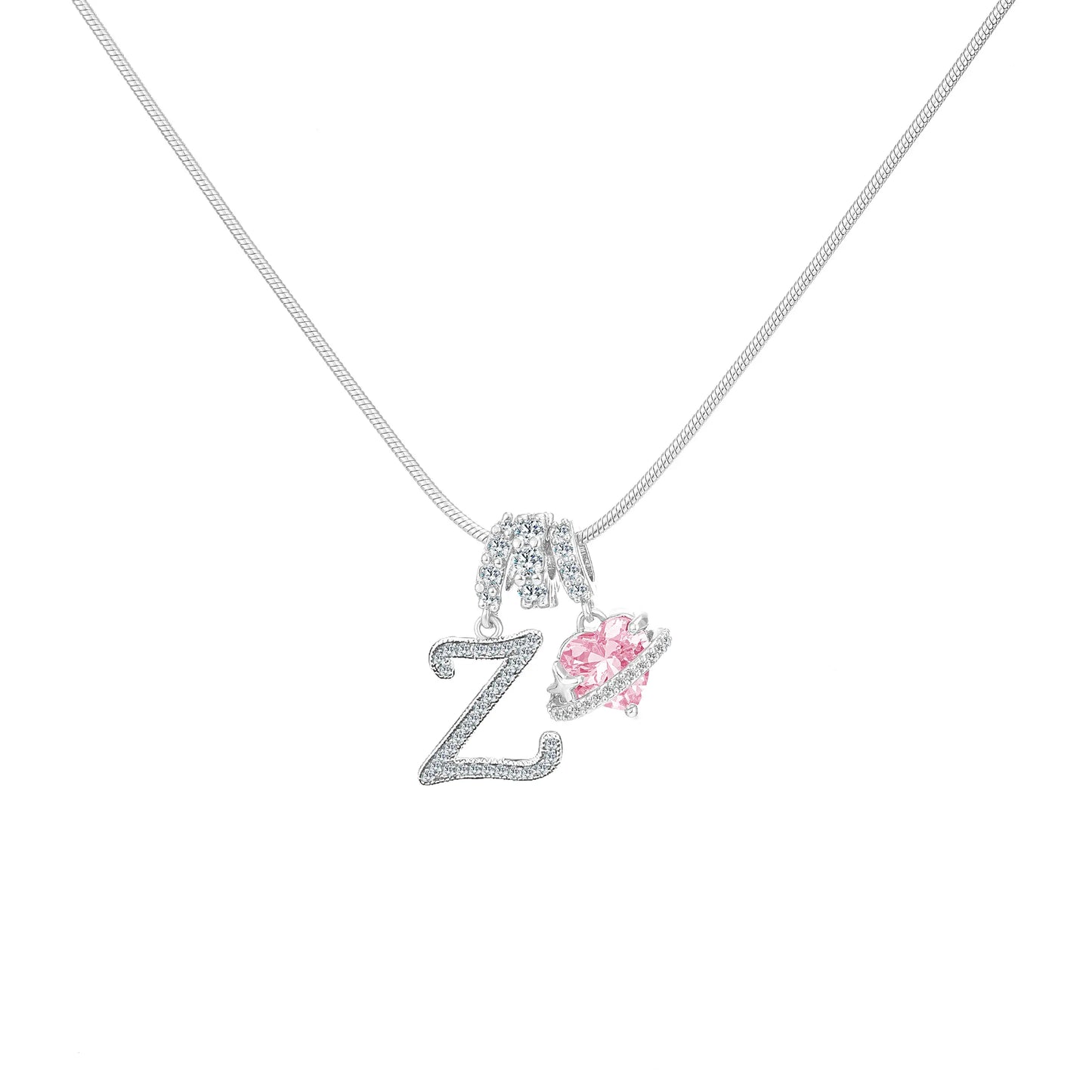 Shimmering Initial & Pink Heart Pendant Necklace