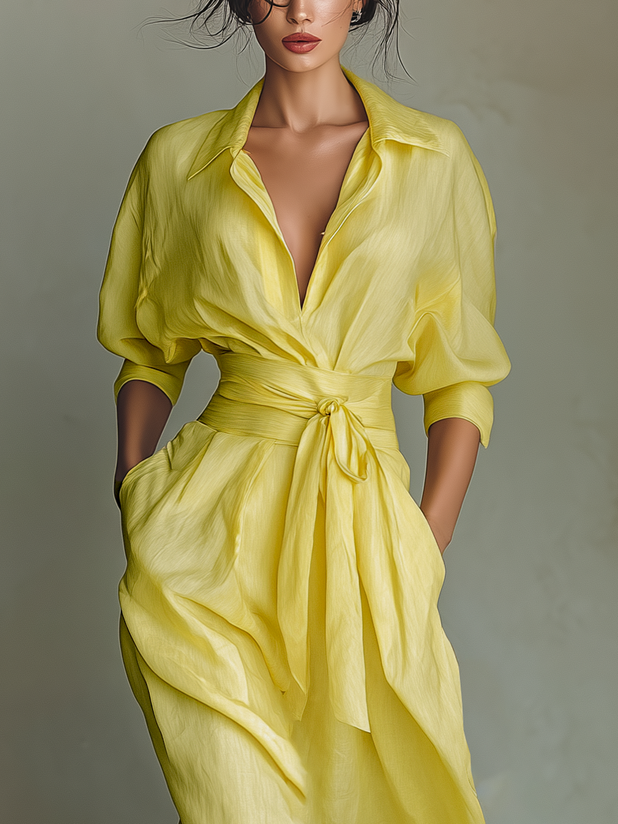 Vittoria | Abito chemisier maxi giallo limone con cintura