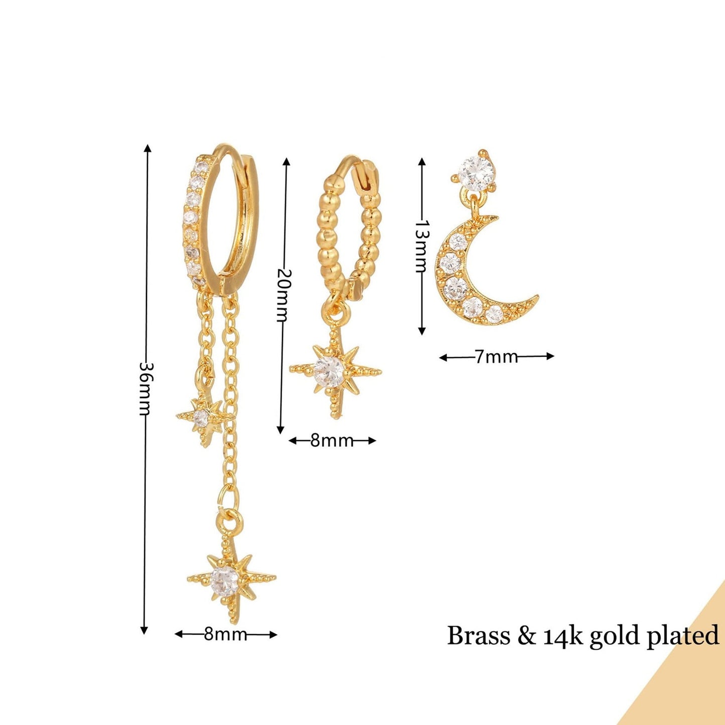 Stackable Hexagram and Moon Earrings Set