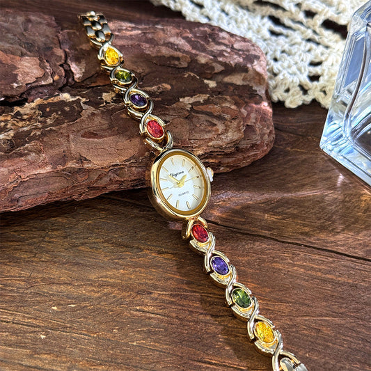 Retro Oval Quartz Watch with Multicolored Crystal Bracelet