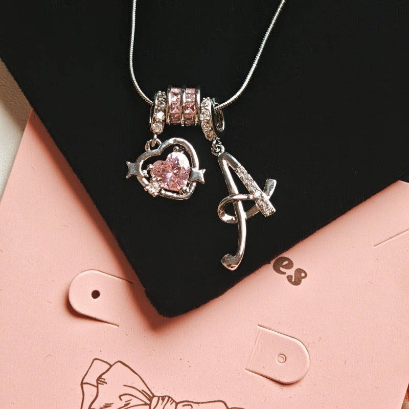 Initial & Pink Crystal Necklace - Silver