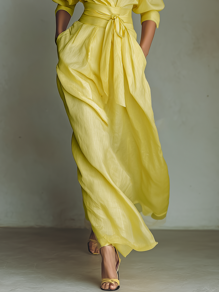 Vittoria | Abito chemisier maxi giallo limone con cintura