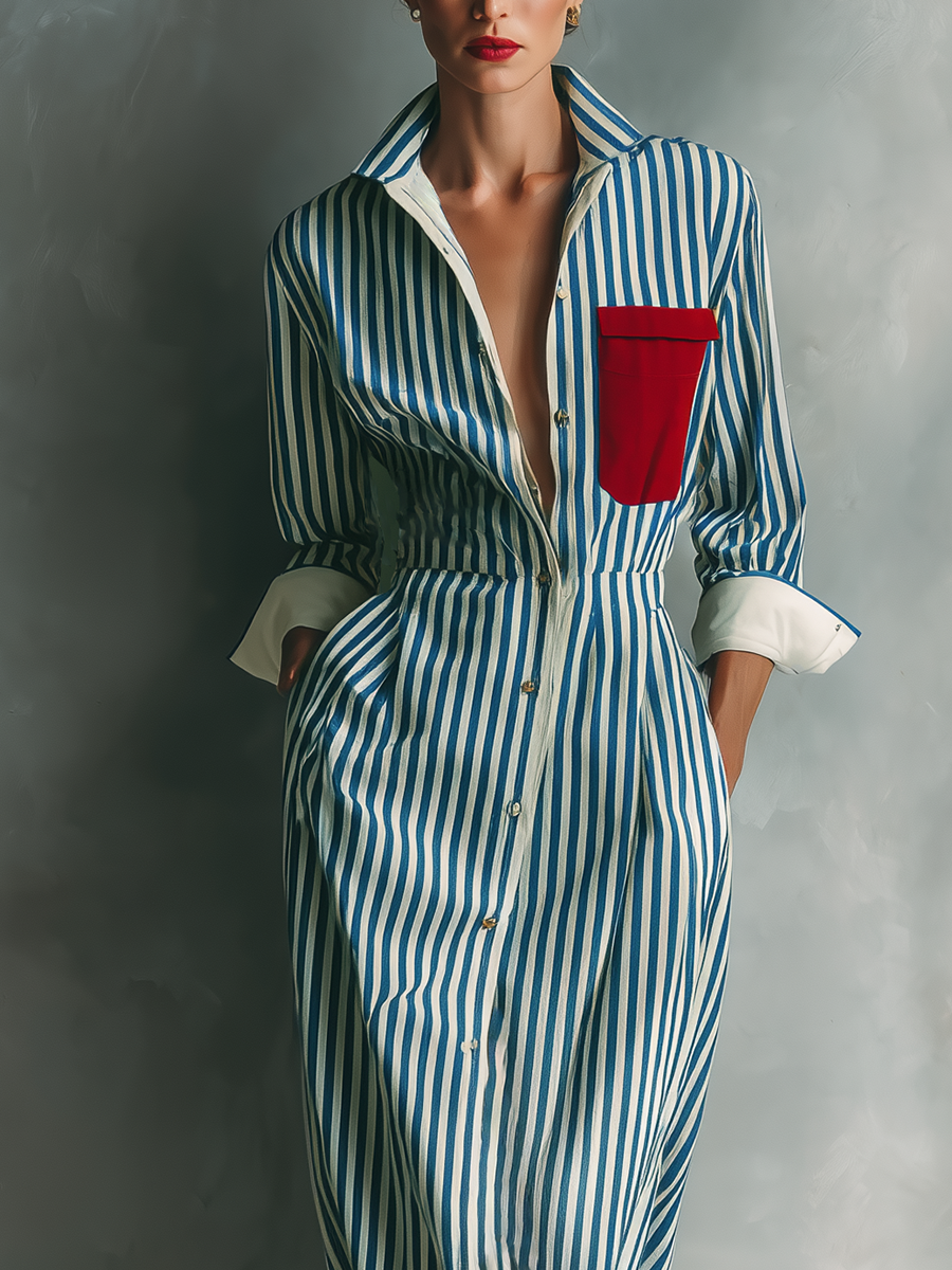Celeste | Vestito camicia a righe con taschino rosso sul petto