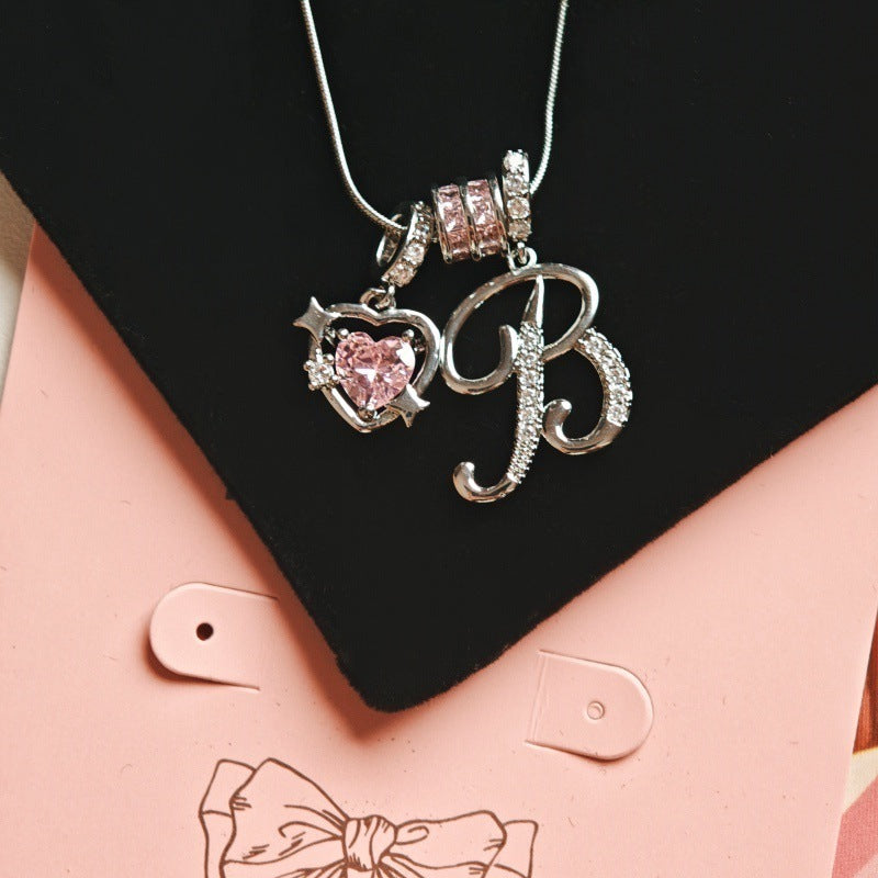 Initial & Pink Crystal Necklace - Silver