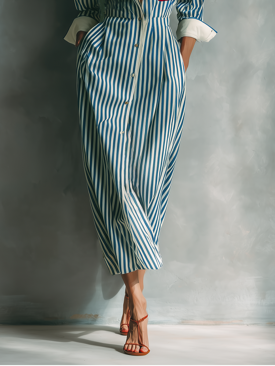 Celeste | Vestito camicia a righe con taschino rosso sul petto