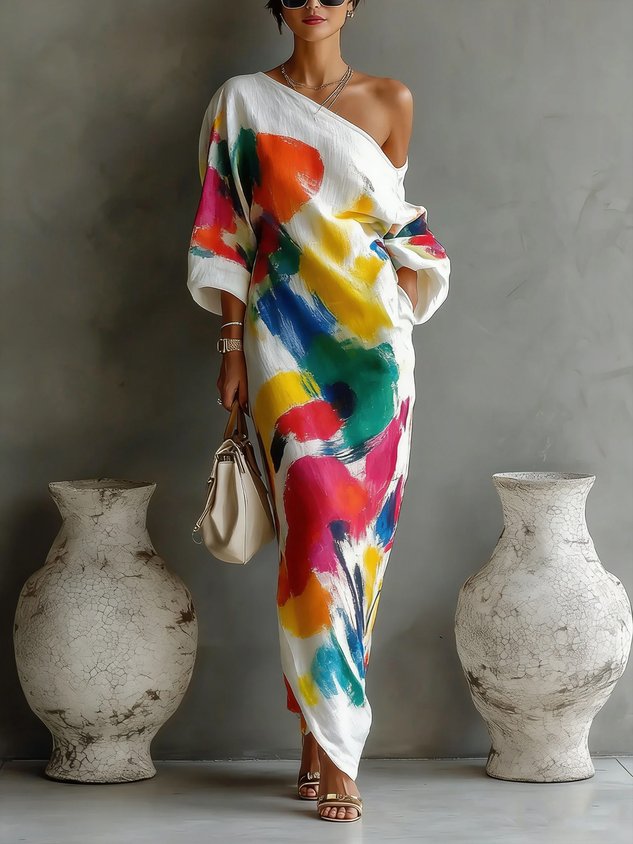 Lucrezia | Abito lungo monospalla con stampa pittorica multicolor