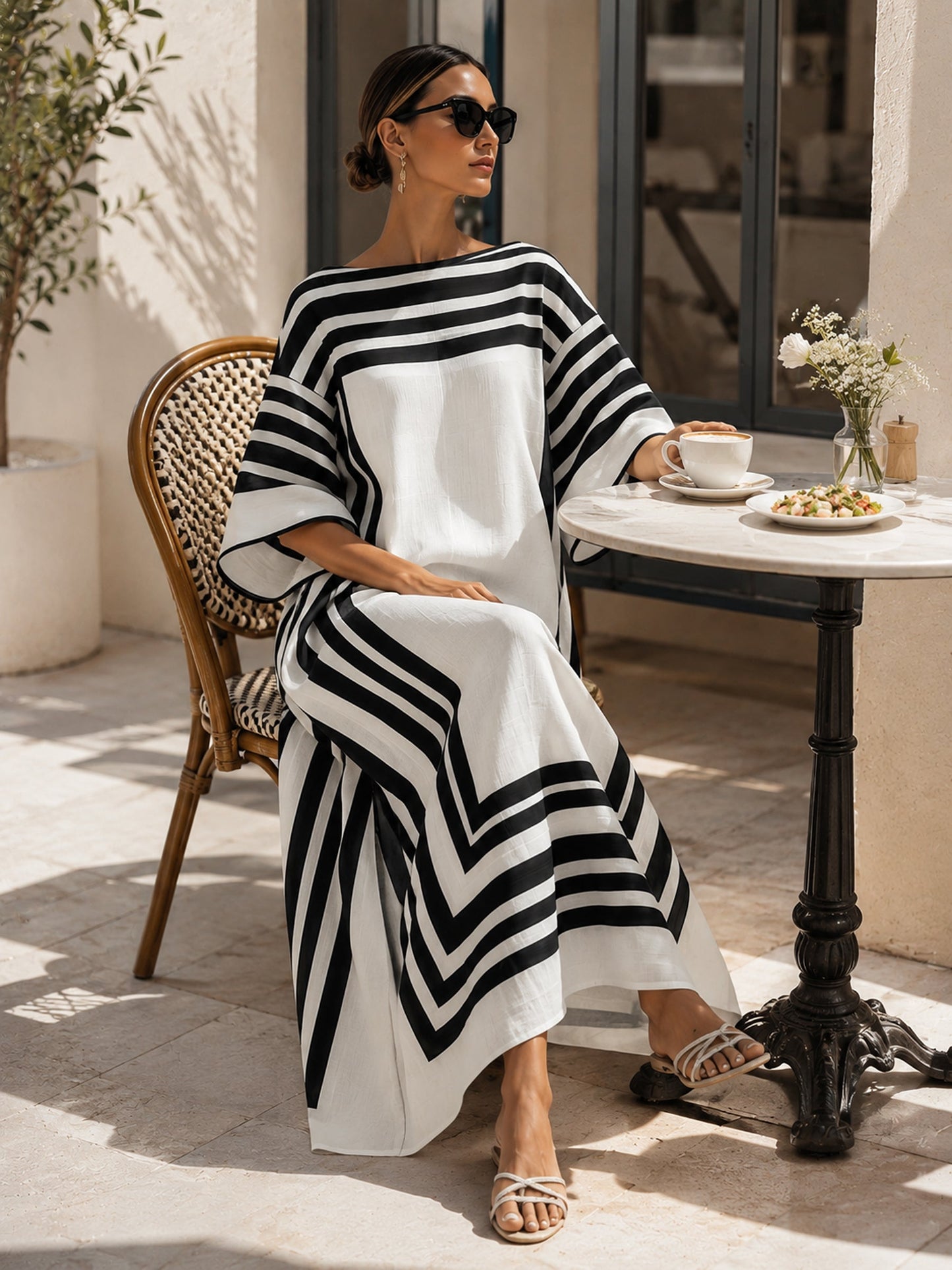 Maddalena | Kaftan maxi a righe geometriche nero e bianco