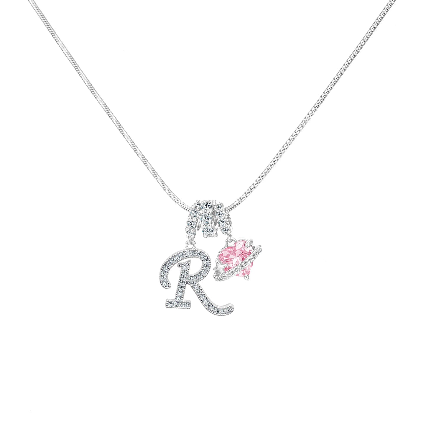 Shimmering Initial & Pink Heart Pendant Necklace