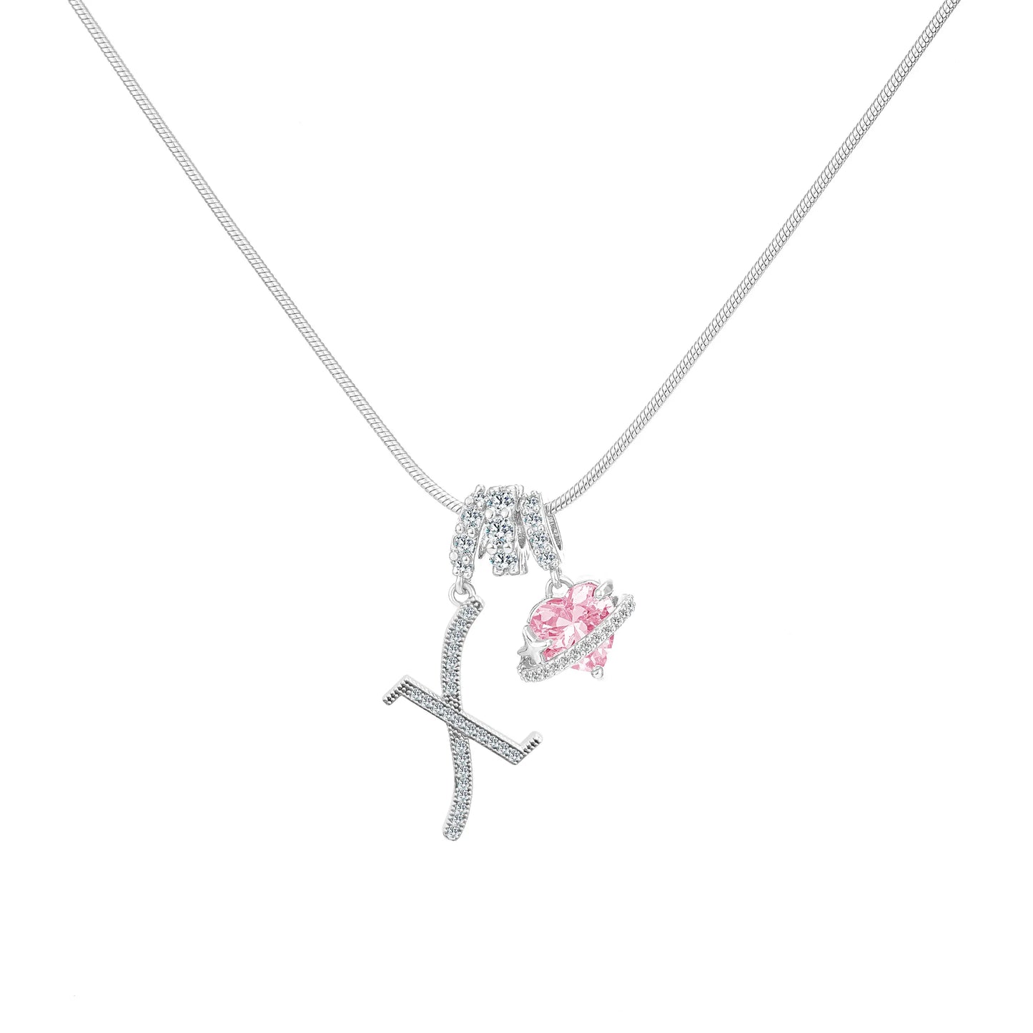 Shimmering Initial & Pink Heart Pendant Necklace