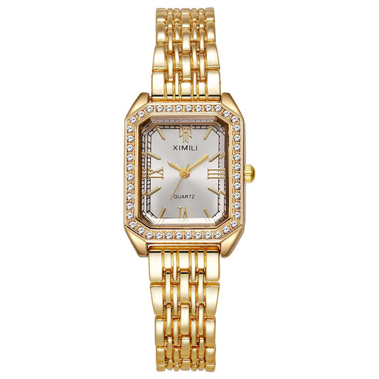 Sparkling Square Gold Watch with Crystal Bezel