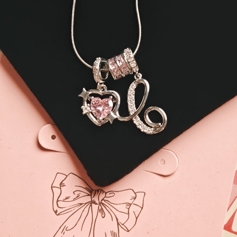 Initial & Pink Crystal Necklace - Silver