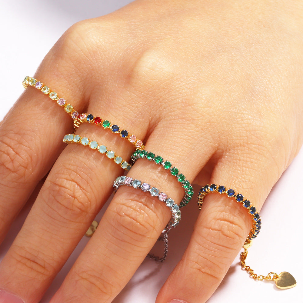 Adjustable Square Colorful CZ Tennis Chain Slider Ring
