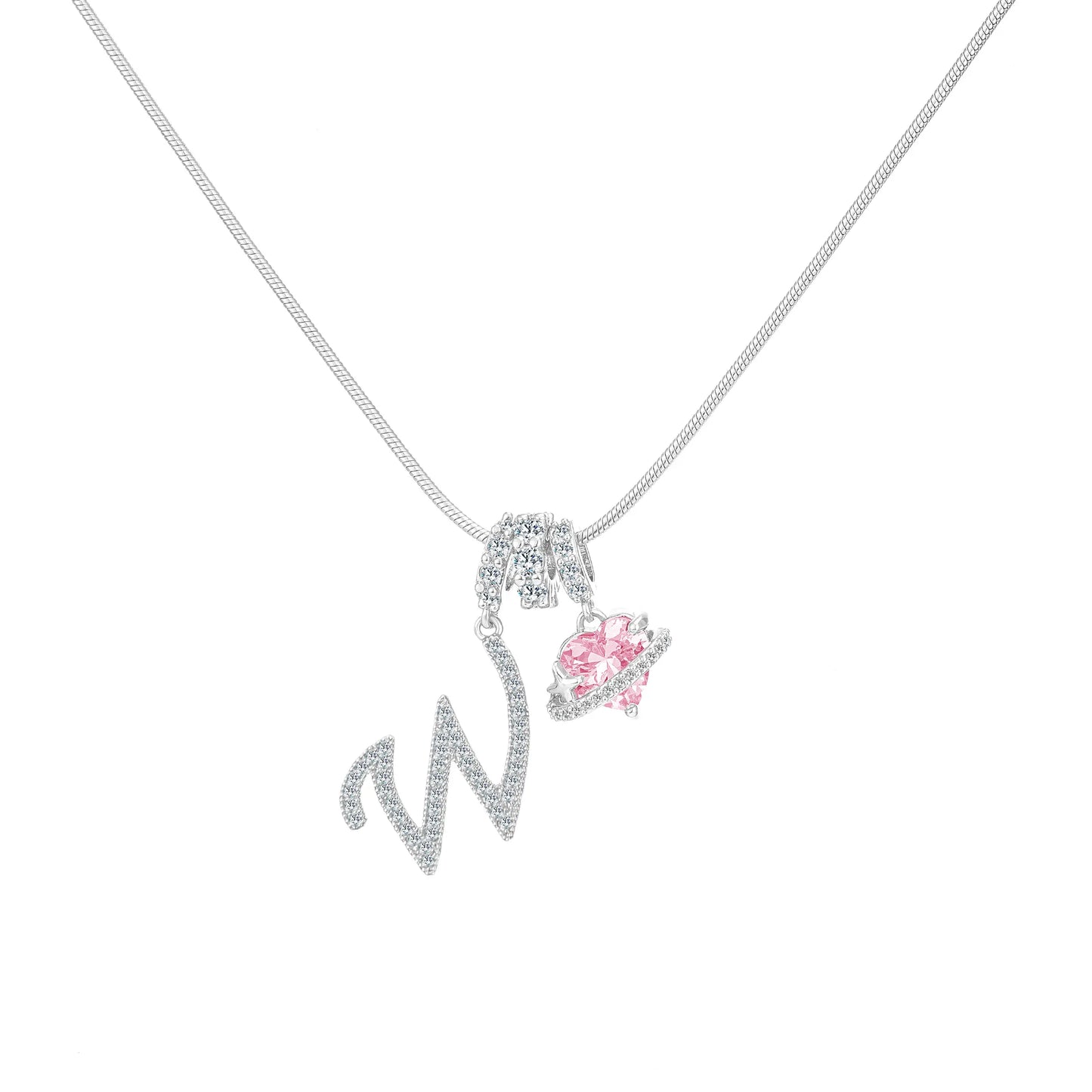 Shimmering Initial & Pink Heart Pendant Necklace