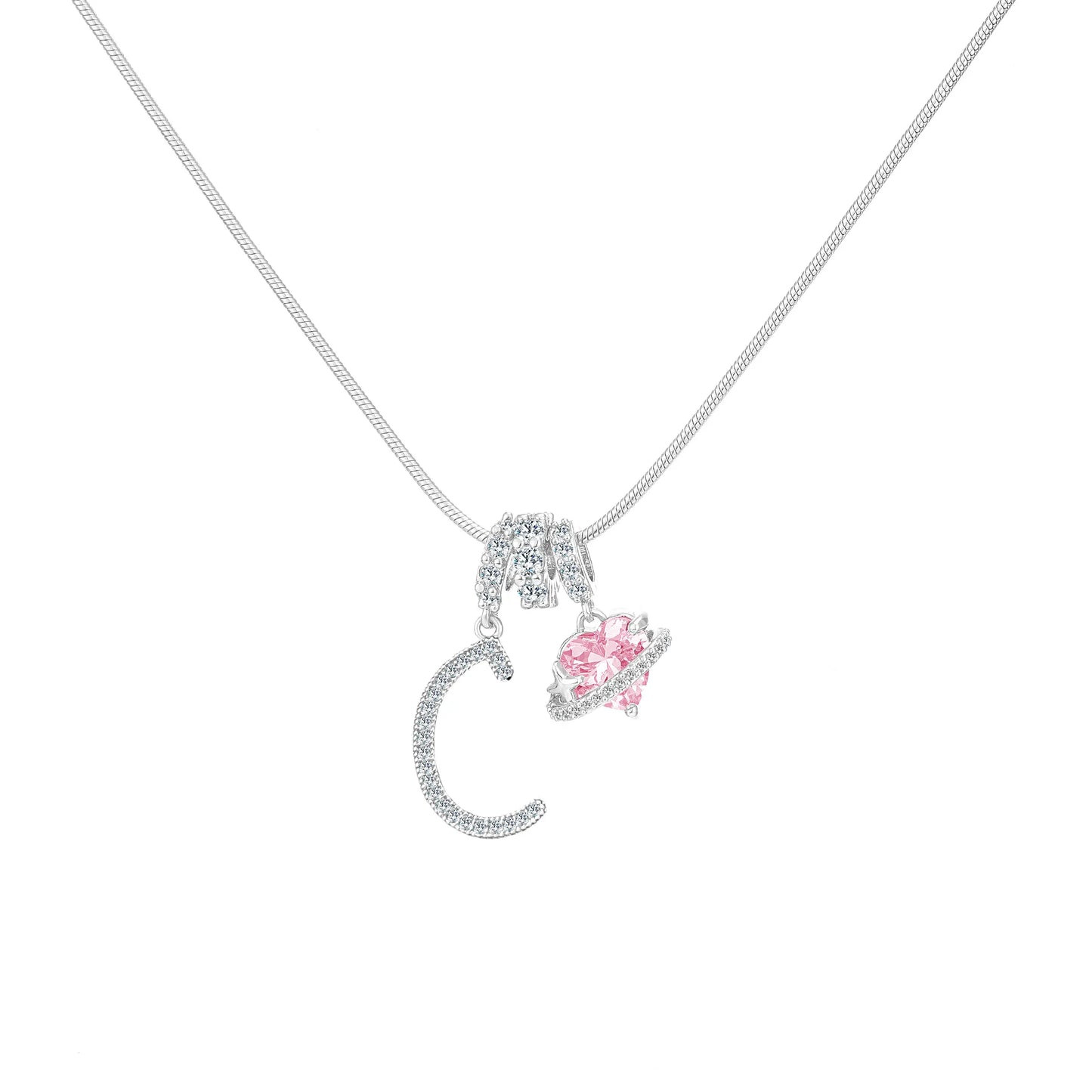 Shimmering Initial & Pink Heart Pendant Necklace
