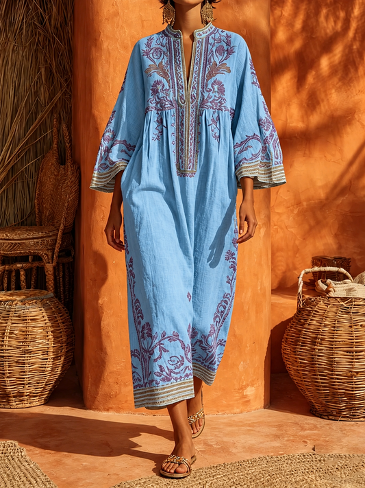 Celestina | Abito boho ricamato dal fascino mediterraneo blu
