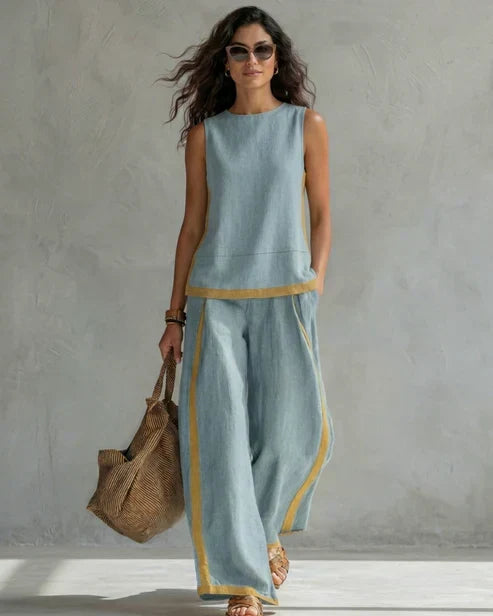 Sveva | Completo due pezzi top senza maniche e pantaloni a gamba larga con profili cuoio