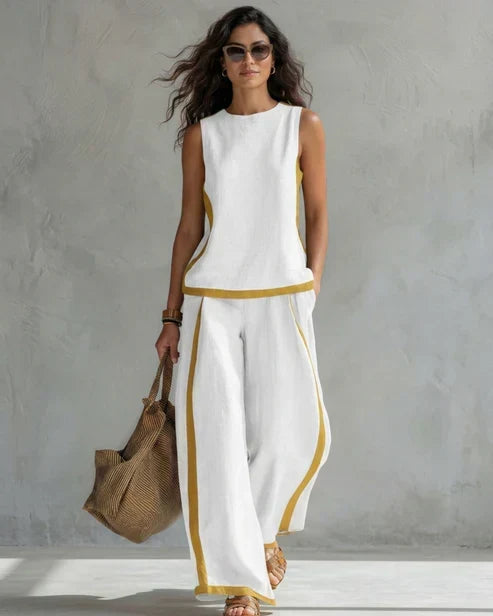 Sveva | Completo due pezzi top senza maniche e pantaloni a gamba larga con profili cuoio